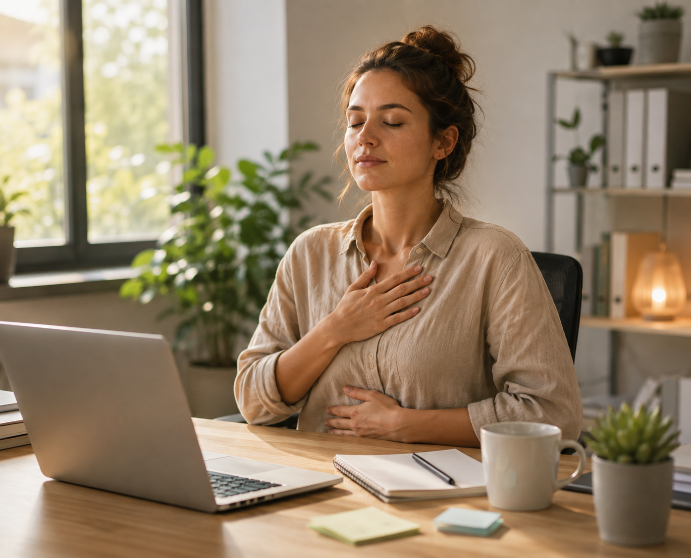 Woman sitting at her desk with her eyes closed, practicing mindful breathing in a calm, bright workspace.